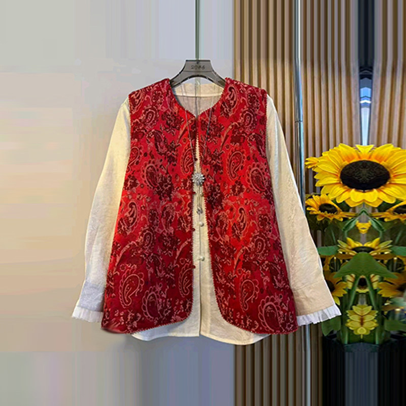 加肥大码女装圆领花纹国风马甲胖妹妹2026新款拼荷叶边袖口小衫潮