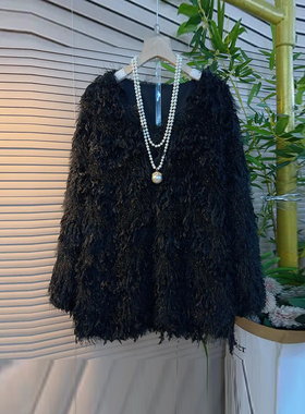 胖妹妹圆领长袖满身流苏毛毛上衣宽松遮肚子大码女装百搭洋气小衫