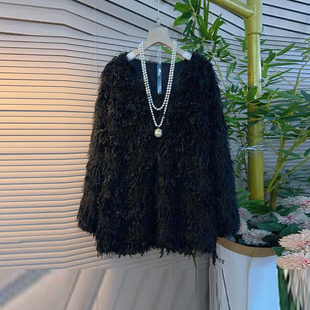 胖妹妹圆领长袖满身流苏毛毛上衣宽松遮肚子大码女装百搭洋气小衫