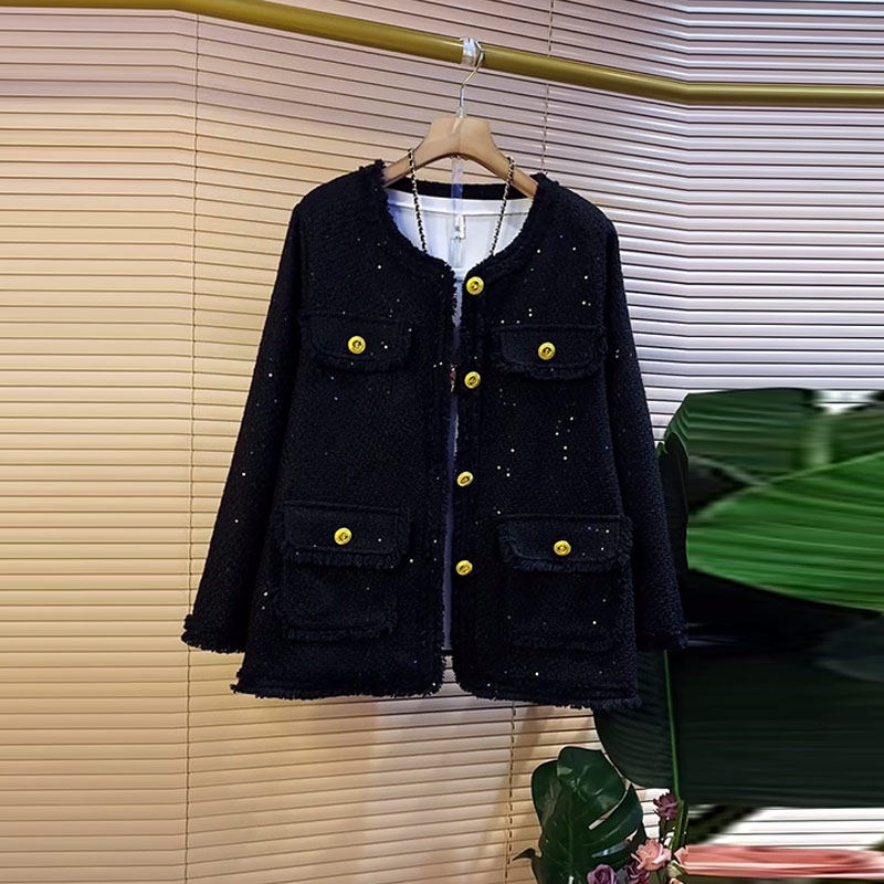 加肥圆领毛边长袖小香风外套大码女装黑色显瘦气质春秋款洋气上衣,女装/女士精品,常规大码外套,淘宝优惠券,粉丝福利购,淘宝优惠卷