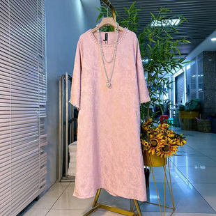 大码女装钉珠边圆领长款短袖连衣裙胖妹妹时尚复古风暗花气质裙子