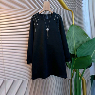 加肥圆领亮钻肩坑条大衫宽松遮肚子大码女装2026新款百搭简约上衣