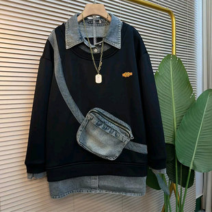 欧货上衣 女装 加肥胖MM翻领拼接牛仔长袖 假两件卫衣宽松遮肚子大码