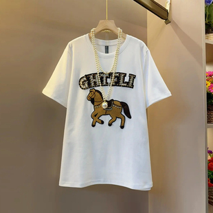 女装 加肥女亮钻字母短袖 大码 新年款 减龄本命年洋气减龄上衣 T恤衫