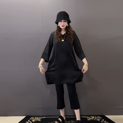 V领中长款七分袖黑色上衣大衫