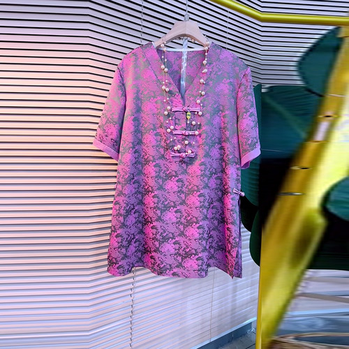 V领盘扣国风短袖花朵T恤上衣