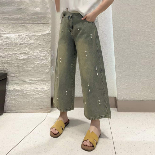 胖妹妹亮钻条阔腿八分裤子