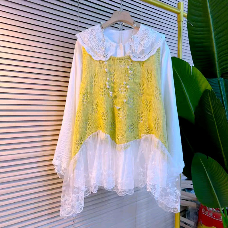 翻领长袖衬衫拼蕾丝底摆马甲