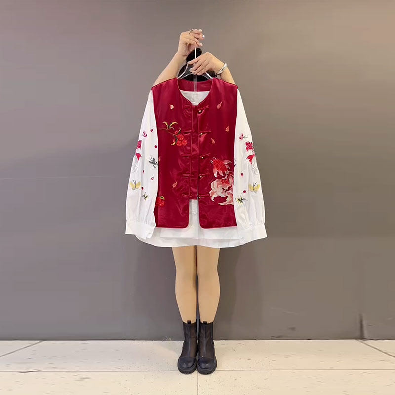 胖MM宽松盘扣花纹国风马甲加肥大码女装气质时尚拼色图案长袖小衫,女装/女士精品,大码内搭,淘宝优惠券,粉丝福利购,淘宝优惠卷