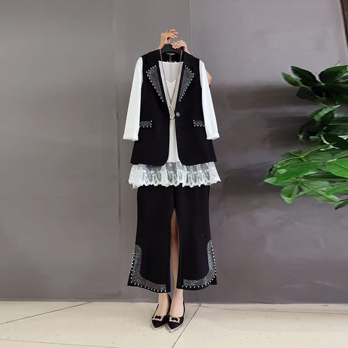 翻领钉珠马甲打底衫侧开叉裤裤子