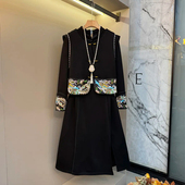 女装 胖妹妹拼色底摆盘扣国风马甲侧开叉长袖 连衣裙大码 复古两件套