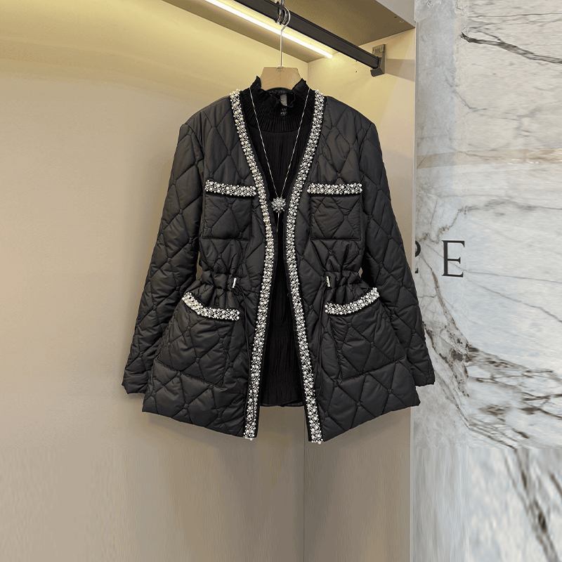V领钉珠亮钻边长袖棉外套