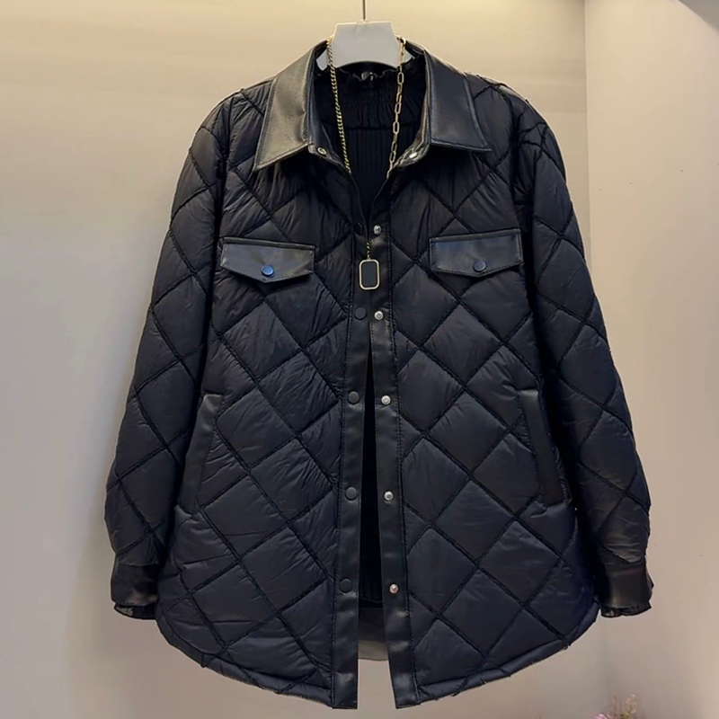 拼皮翻领长袖菱形格棉服外套