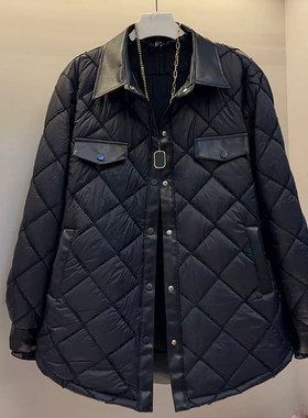 拼皮翻领长袖菱形格棉服外套