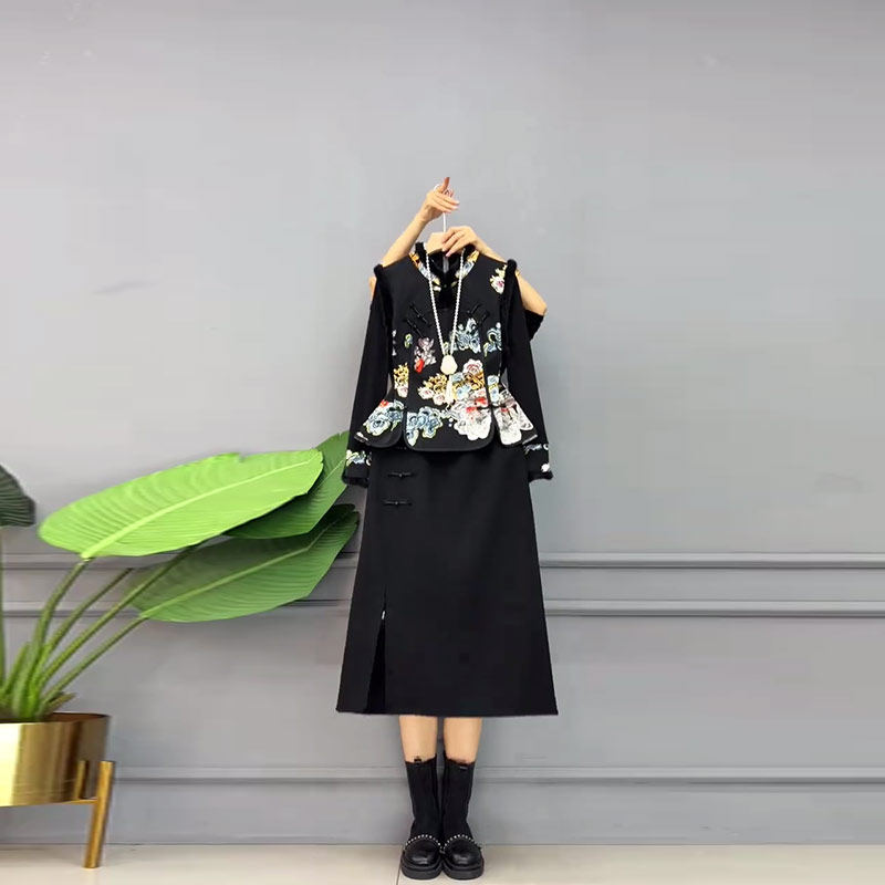 大码女装立领毛毛袖口花纹上衣半身裙新中式胖妹妹气质复古两件套,女装/女士精品,大码套装,淘宝优惠券,粉丝福利购,淘宝优惠卷