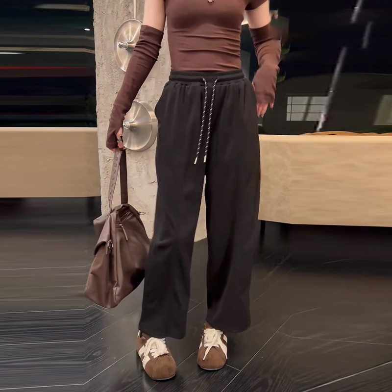 胖妹妹松紧腰系带阔腿裤子