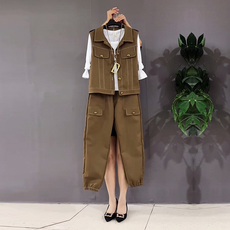 大码女装翻领前压褶马甲束脚长裤休闲两件套胖妹妹圆领长袖打底衫