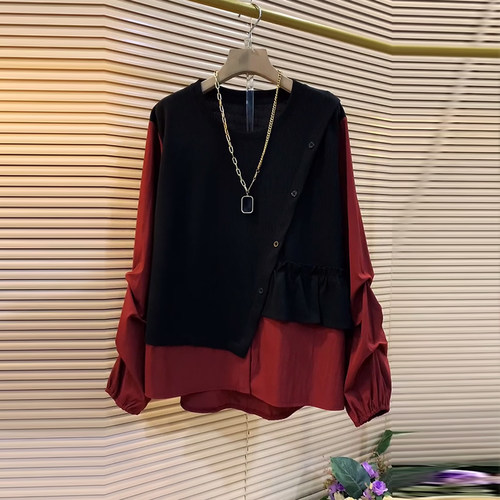 压褶长袖斜纽扣拼马甲假两件上衣