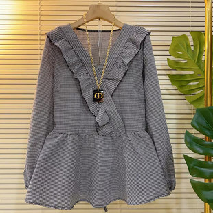 女装 胖妹妹V领荷叶肩长袖 小衫 加肥大码 小众设计减龄百搭上衣 韩版