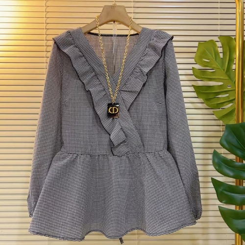 大码女装V领荷叶肩长袖小衫