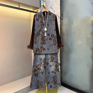 加大码女装立领花朵牛仔马甲毛毛袖口打底衫胖妹妹松紧腰阔腿裤子