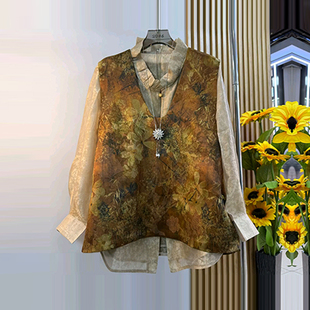 胖MMU领花纹马甲加肥大码女装气质轻熟风洋气荷叶领长袖暗花衬衫