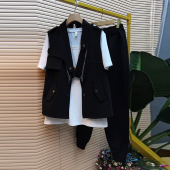 T恤衫 加大码 两件套胖妹妹简约白色短袖 拉链马甲黑色显瘦长裤 女装