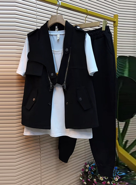 加大码女装拉链马甲黑色显瘦长裤两件套胖妹妹简约白色短袖T恤衫