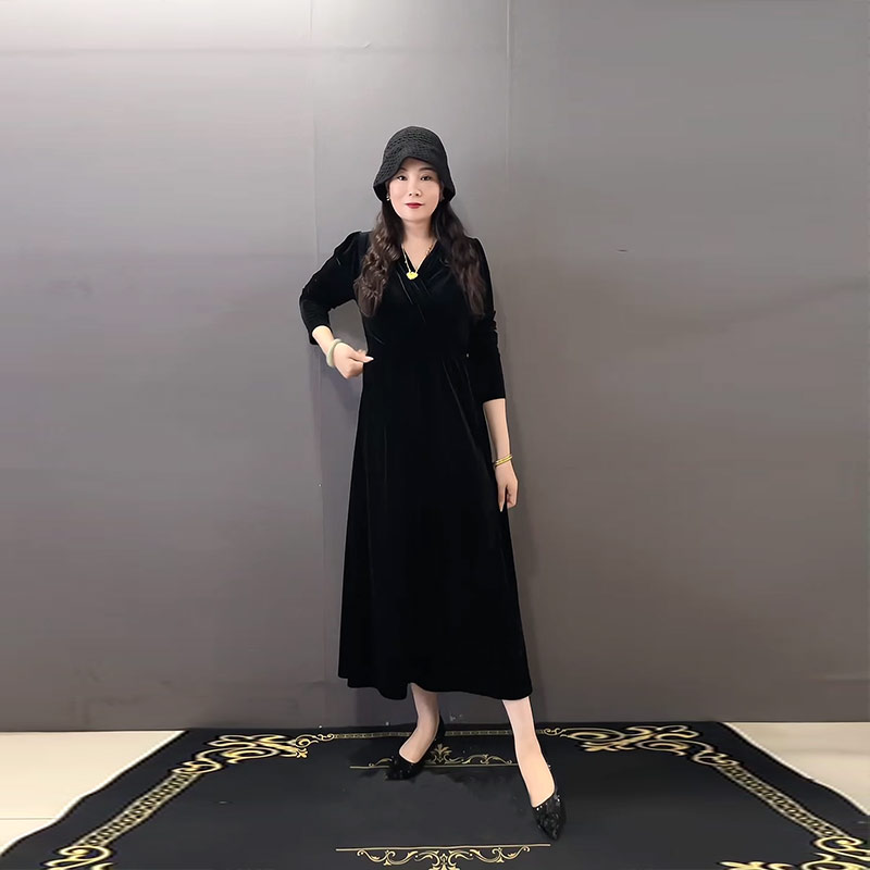 裙子V领长袖丝绒黑色净版连衣裙