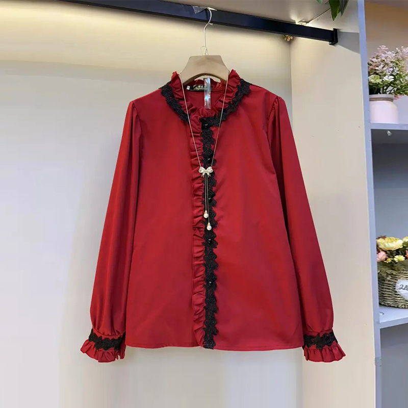 大码女装立领荷叶领长袖上衣