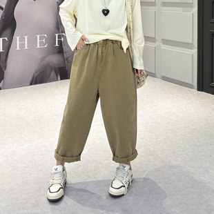 纯色简约宽松遮胯百搭休闲长裤 女装 大码 胖MM加肥松紧腰老爹牛仔裤