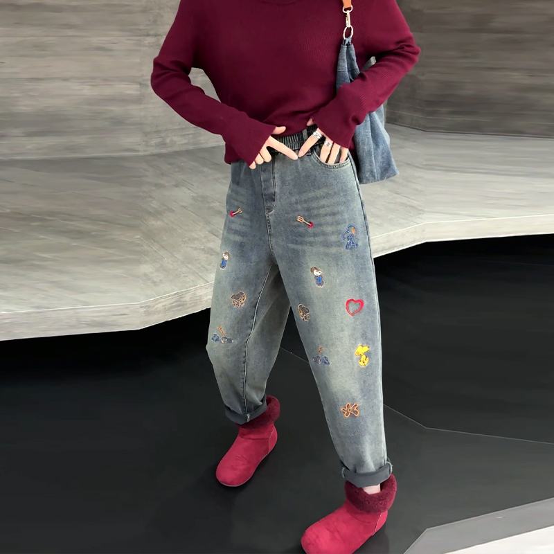 大码女装卡通图案加绒牛仔裤子