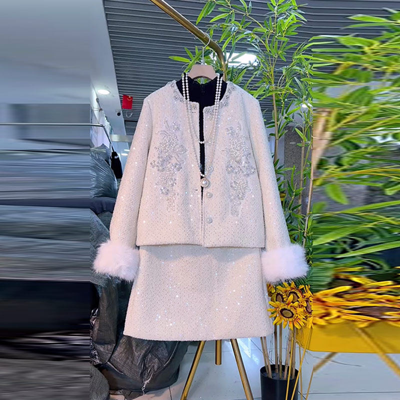 胖MM毛毛袖口钉珠亮钻花外套短裙加肥大码女装气质通勤洋气两件套,女装/女士精品,大码套装,淘宝优惠券,粉丝福利购,淘宝优惠卷