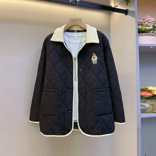 纯色简约百搭轻薄棉服 女装 胖妹妹拼色翻领菱形格夹棉外套韩版 大码