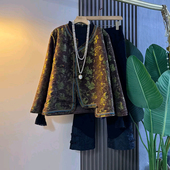 胖妹妹加肥圆领花朵国风外套大码 子潮 脚裤 女装 黑色显瘦暗花盘扣裤