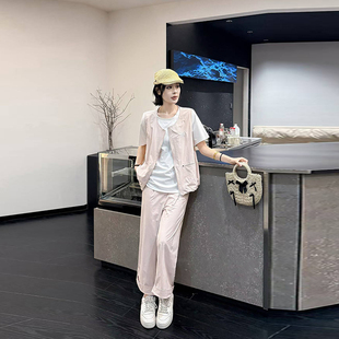 加肥女双兜拉链马甲短袖T恤衫阔腿九分裤胖妹妹夏季款休闲三件套