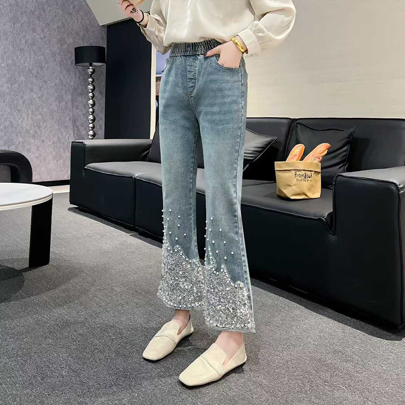 加肥钉珠亮片裤脚松紧腰九分裤大码女装欧洲站洋气宽松直筒牛仔裤,女装/女士精品,大码裤装,淘宝优惠券,粉丝福利购,淘宝优惠卷