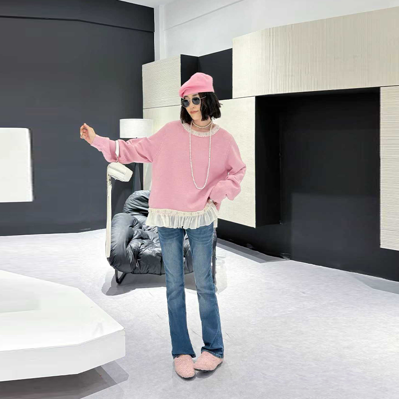 大码女装拼色底摆长袖毛衣