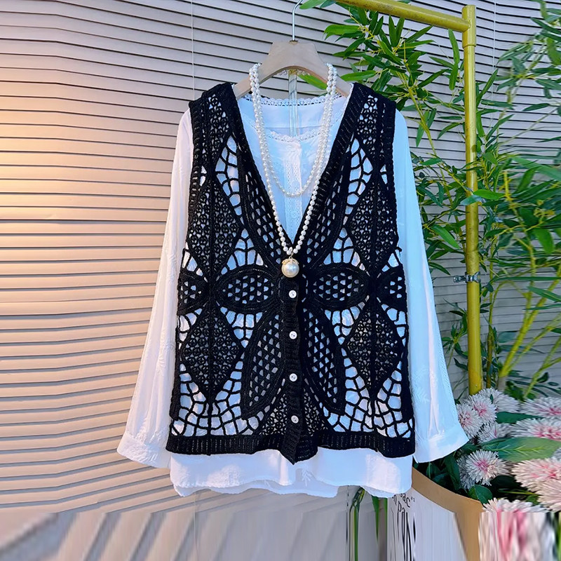 加大码女装V领镂空勾花马甲胖妹妹纯色简约宽松百搭圆领长袖小衫,女装/女士精品,大码内搭,淘宝优惠券,粉丝福利购,淘宝优惠卷