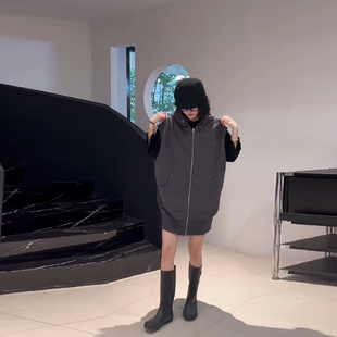 街头休闲宽松外搭衫 加大码 马甲胖妹妹韩版 连帽拉链口袋中长款 女装