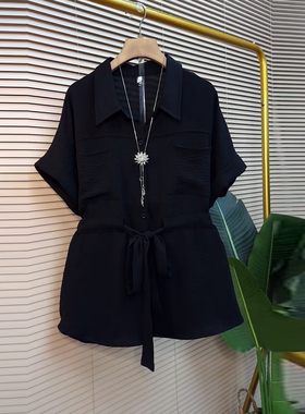 加肥大码女装翻领收腰短袖上衣胖妹妹法式气质通勤风显瘦黑色衬衫