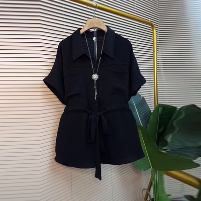 大码女装翻领收腰短袖上衣