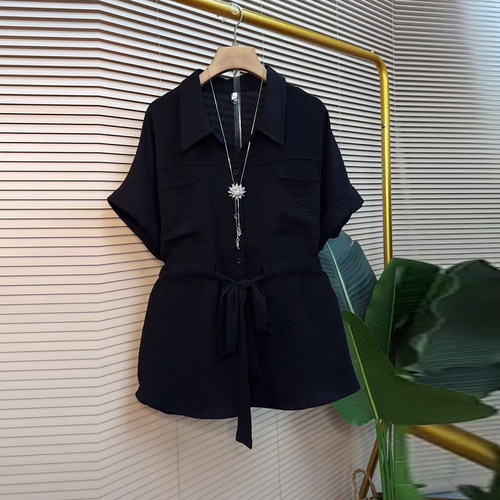 大码女装翻领收腰短袖上衣