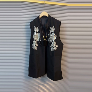 加肥大码女装流苏盘扣花朵复古风马甲胖妹妹黑色显瘦休闲百搭坎肩