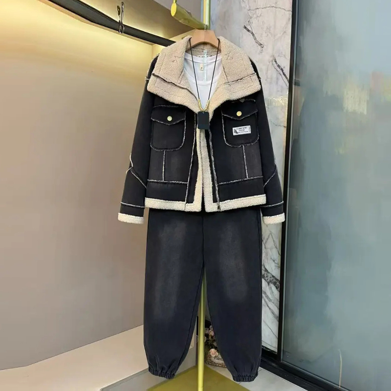 翻领毛毛内里长袖牛仔外套裤子