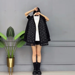 加肥大码女装流苏底摆长袖亮钻上衣胖妹妹2026早春新款百搭外套潮