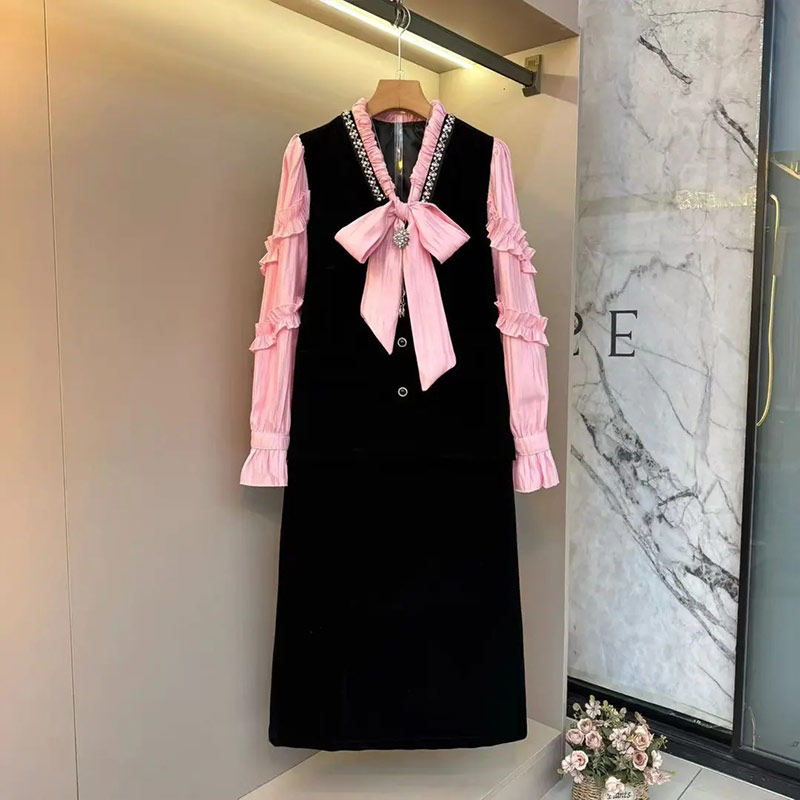 大码女装系带领拼色长袖上衣半身裙胖妹妹气质轻熟风显瘦两件套潮,女装/女士精品,大码套装,淘宝优惠券,粉丝福利购,淘宝优惠卷