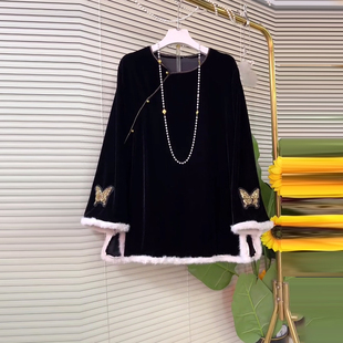 口上衣胖妹妹气质复古风显瘦宽松洋气小衫 拼毛毛边蝴蝶袖 女装 大码