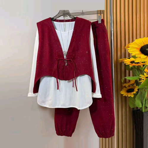 V领流苏扣马甲长袖打底衫长裤