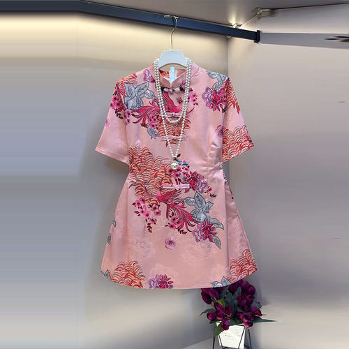 加肥立领盘扣短袖收腰国风上衣